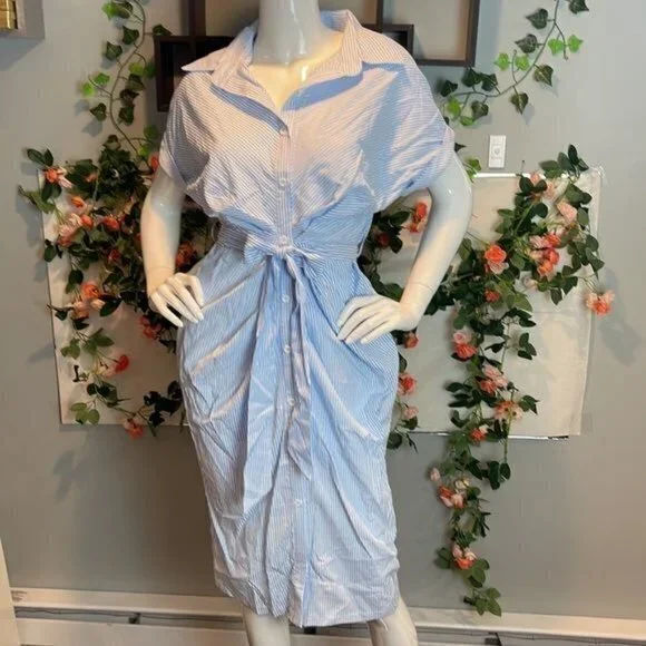 CUPSHE Short Casual Style Pin Stripe Button Down Light Blue Dress Size M - Picture 5 of 11
